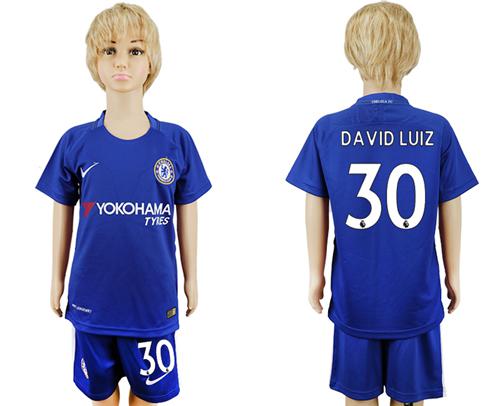 Chelsea #30 David Luiz Blue Home Kid Soccer Club Jersey